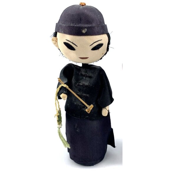 Asian Hand Made Folk Art Doll Family Wood Silk Cloth 6" Lot of 2 Vintage - Picture 2 of 11